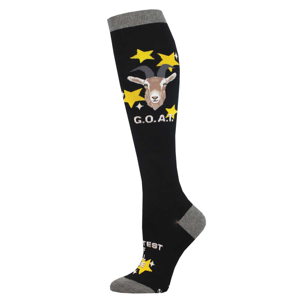 A knee-high sock featuring a graphic of a goat with the letters 'G.O.