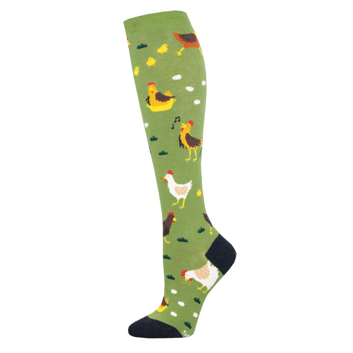 A knee-high sock with a green background featuring various cartoon chickens and a rooster in different poses and colors.