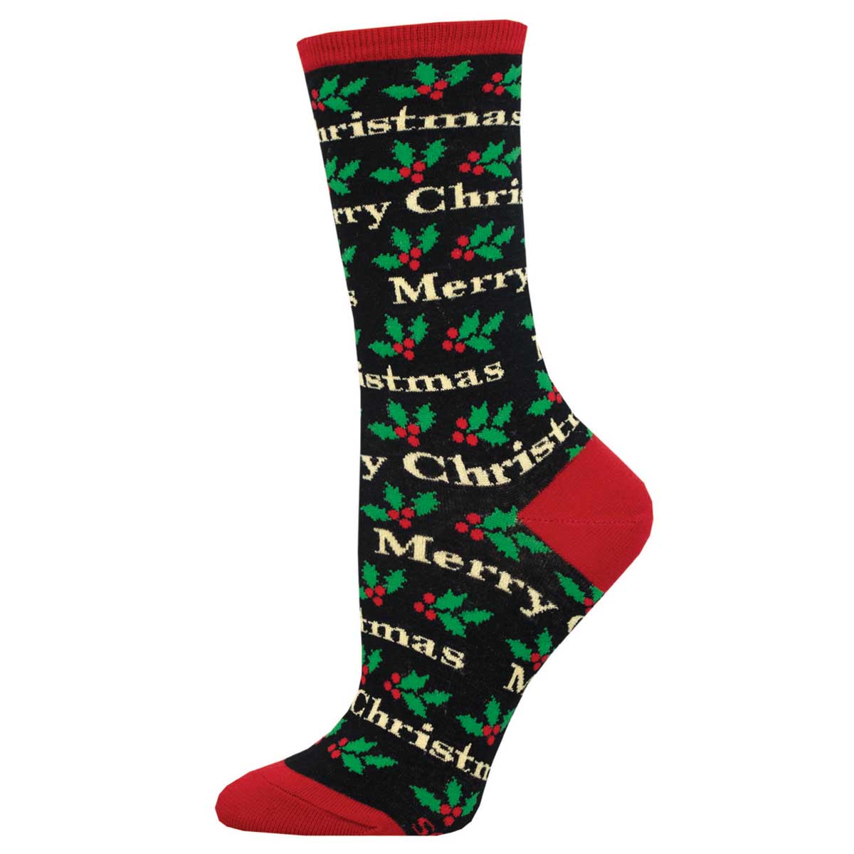 A pair of Christmas-themed women's crew socks with 'Merry Christmas' text and holly patterns, predominantly black with red accents.