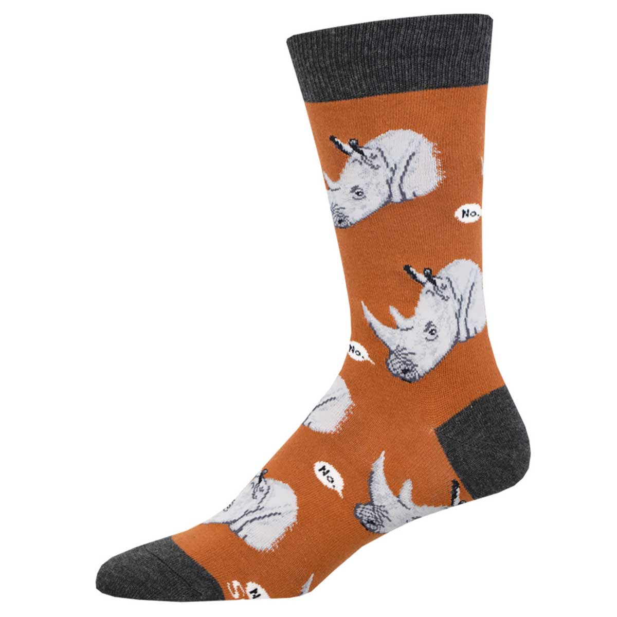 A pair of brown crew socks with a pattern of rhinoceroses in a repeated design.