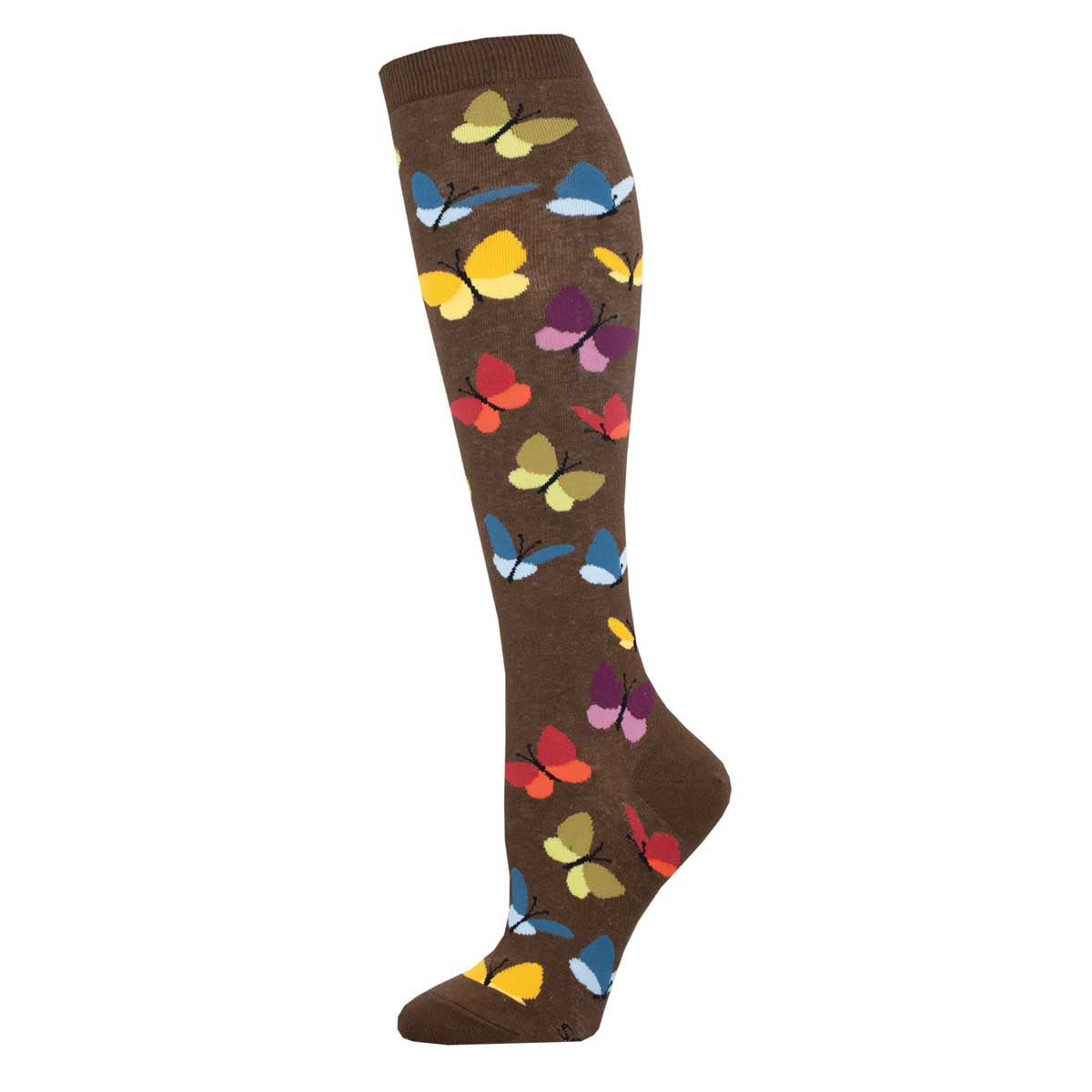 A pair of knee-high socks with a brown background and colorful butterfly patterns.