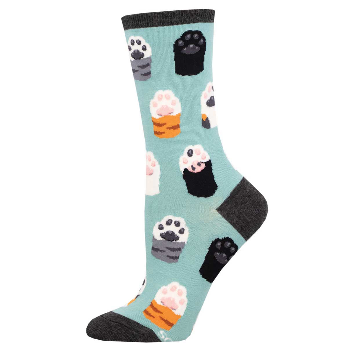 A pair of women's crew socks with a pattern of cat paw prints in various colors.