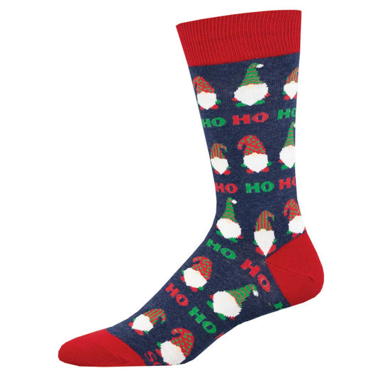 A pair of Christmas-themed crew socks with gnomes and the text 'ho ho ho' on a blue and red background.