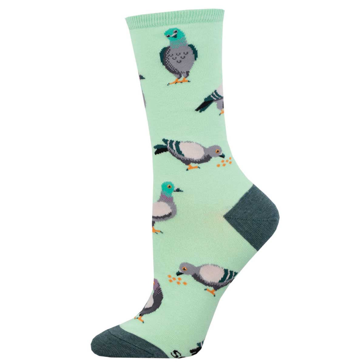 A pair of green crew socks with a pattern of pigeons.