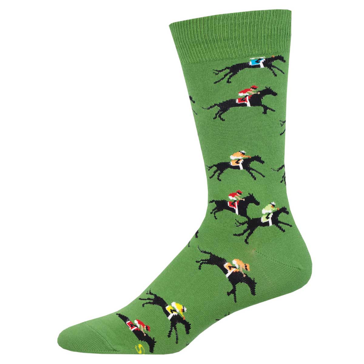A green crew sock with a pattern of horses and jockeys in motion.