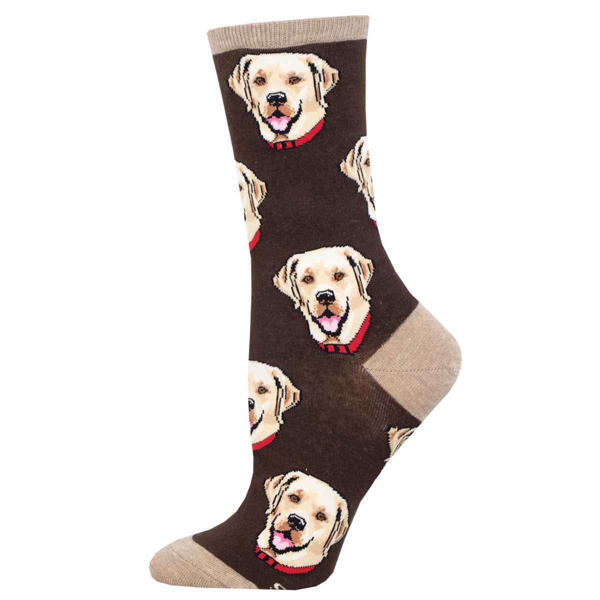 A pair of women's crew socks featuring a pattern of a Labrador dog's face in brown color on a dark brown background with beige trim.