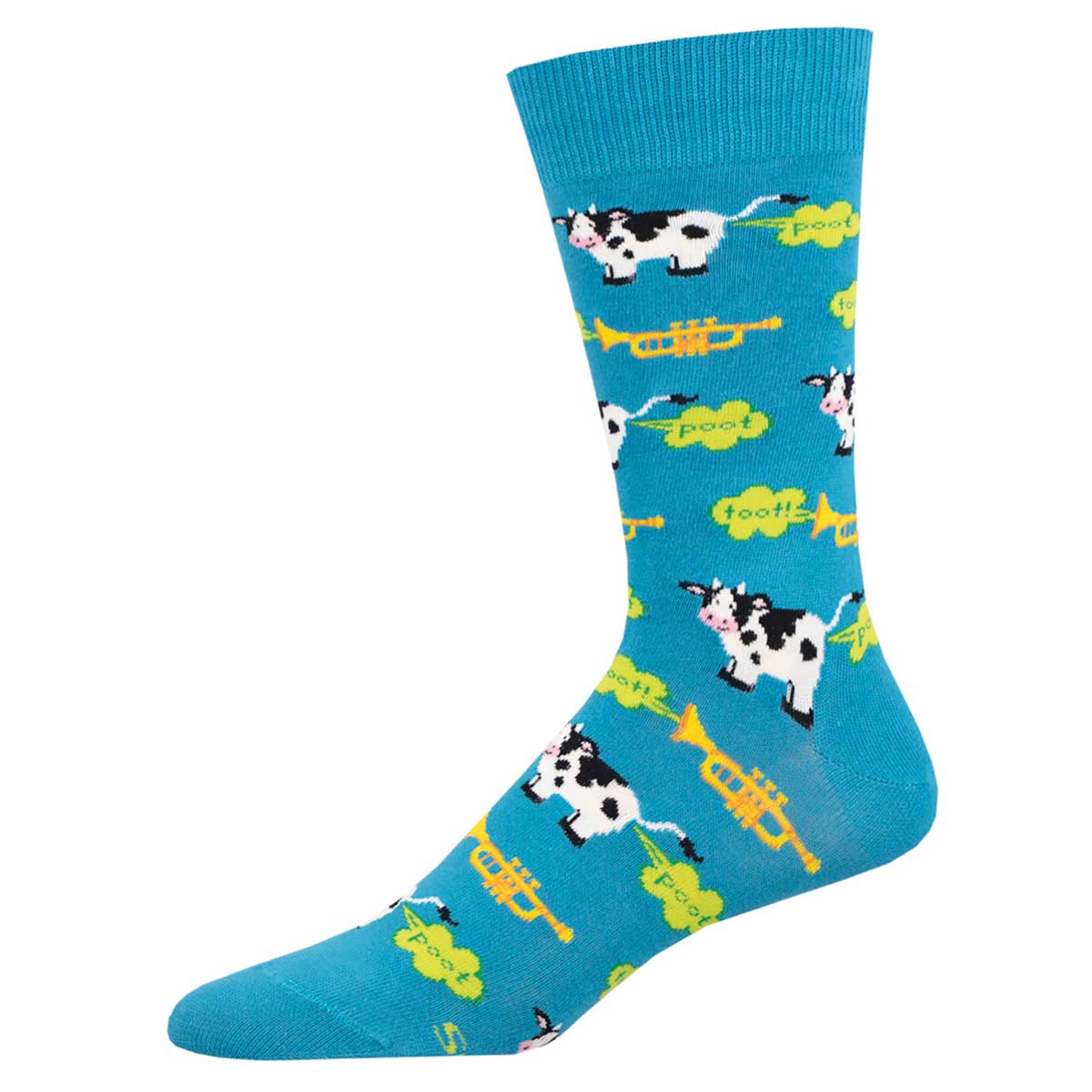 A pair of blue crew socks with a pattern of cows playing trumpets and musical notes.