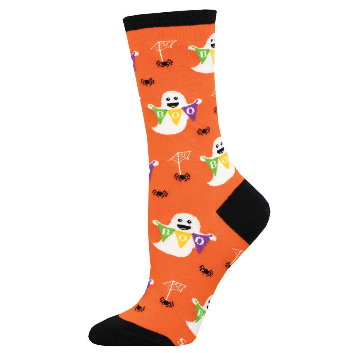 A pair of orange women's crew socks with a Halloween theme, featuring ghosts and a black heel and toe design.