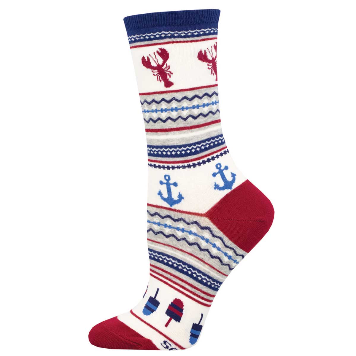 A pair of colorful crew socks featuring a lobster and anchor pattern with Fair Isle design in red, white, and blue.
