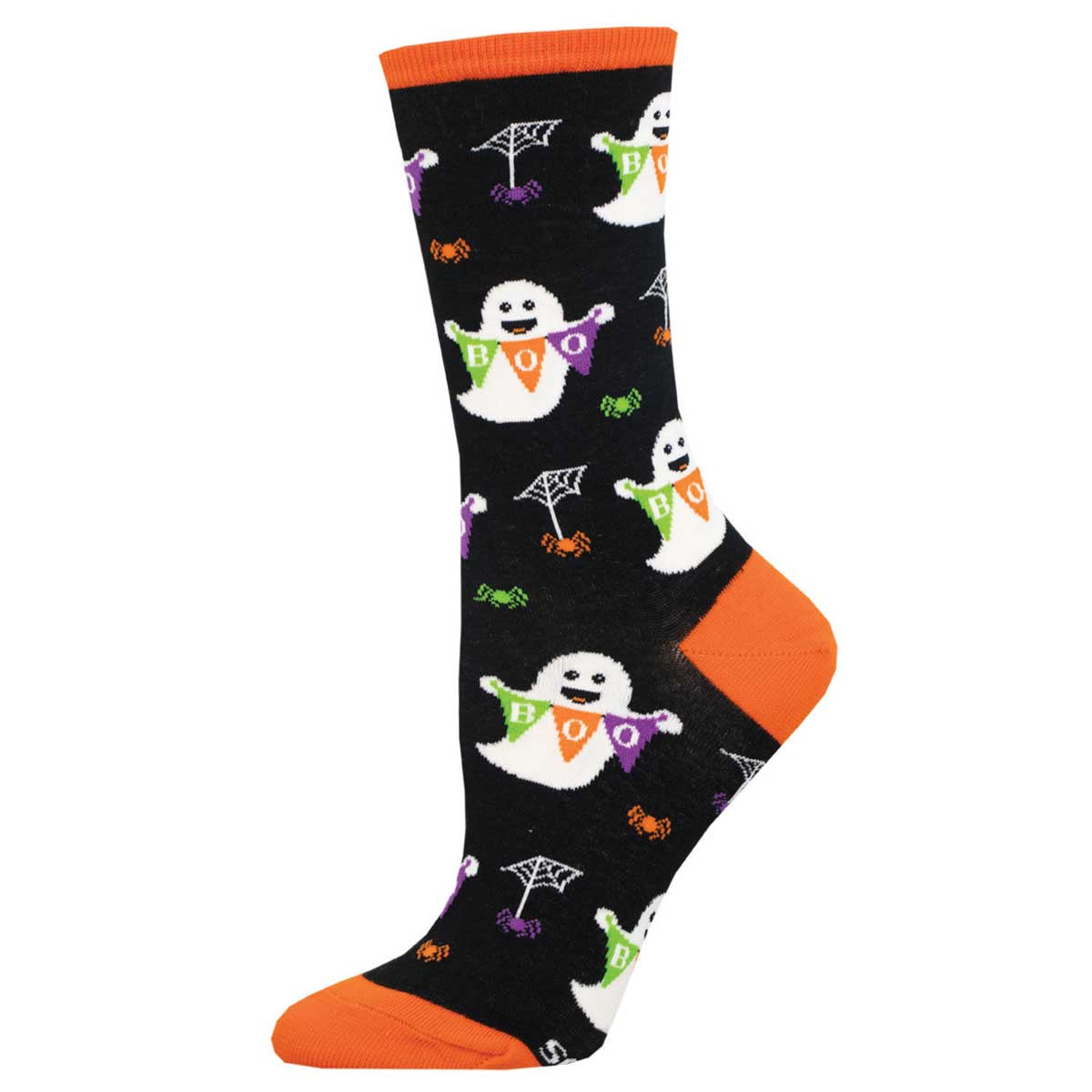 A pair of black women's crew socks with a Halloween theme, featuring ghosts and an orange heel and toe design.