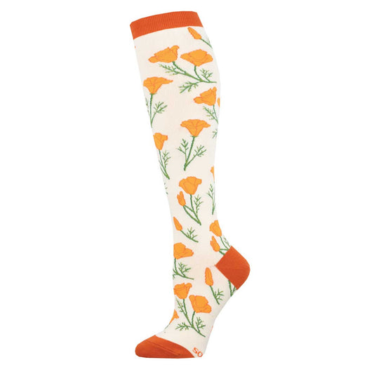 A pair of knee-high socks with a floral pattern featuring orange poppy flowers and green leaves on a white background.