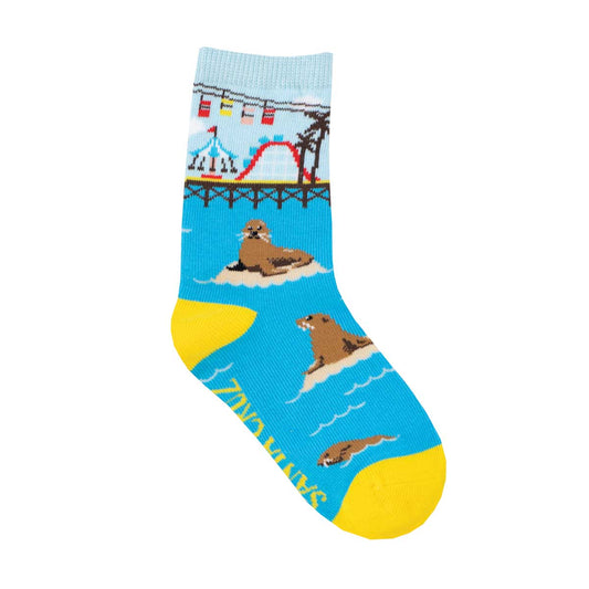 Children's crew socks with a design featuring sea lions and the Santa Cruz boardwalk.