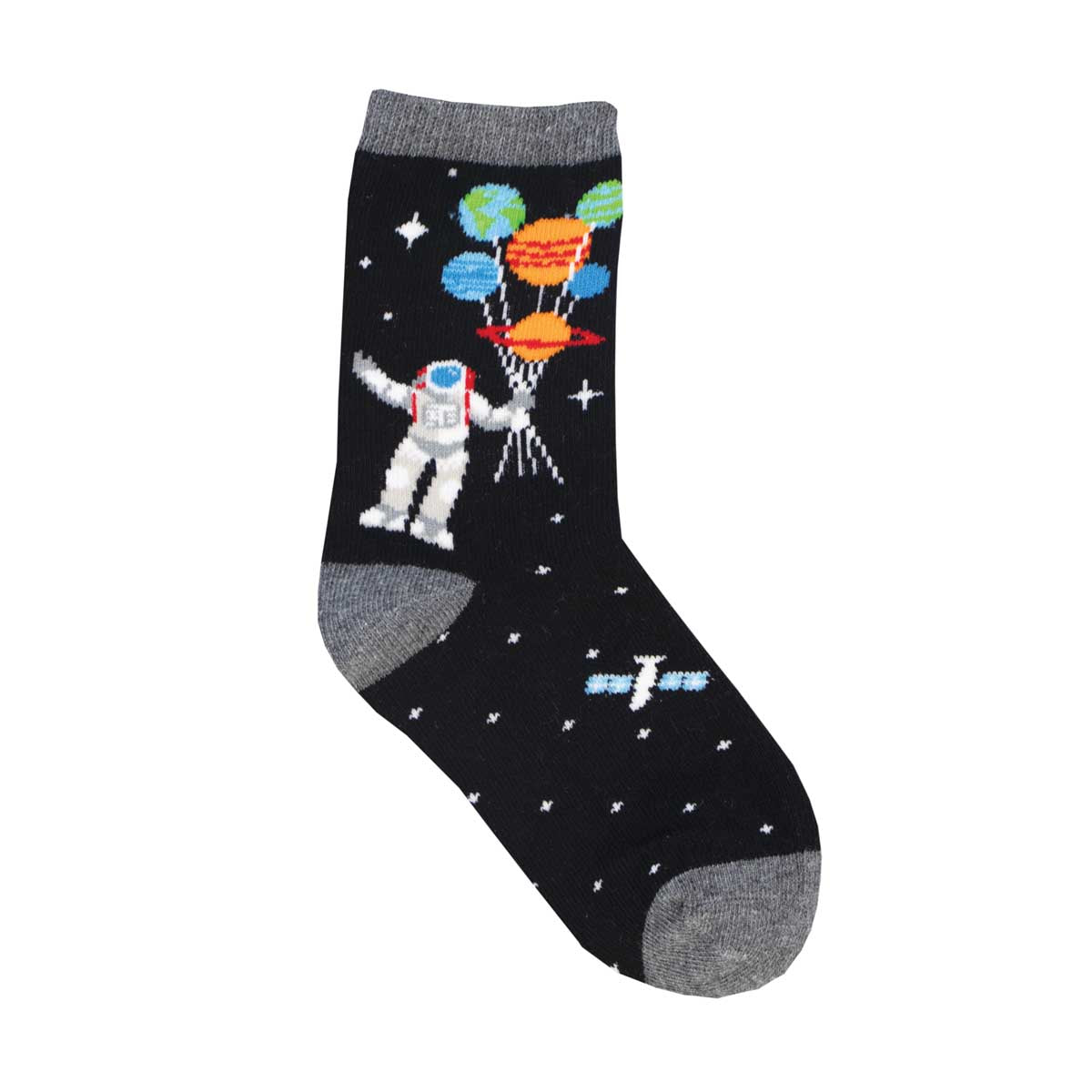 A pair of kids' socks with a space-themed design, featuring an astronaut, planets, and stars on a black background.
