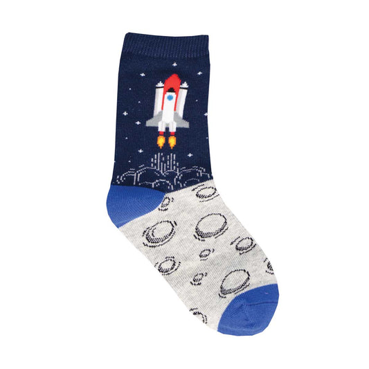 A pair of kids' socks with a space shuttle design on a starry night background and planets pattern on the side.