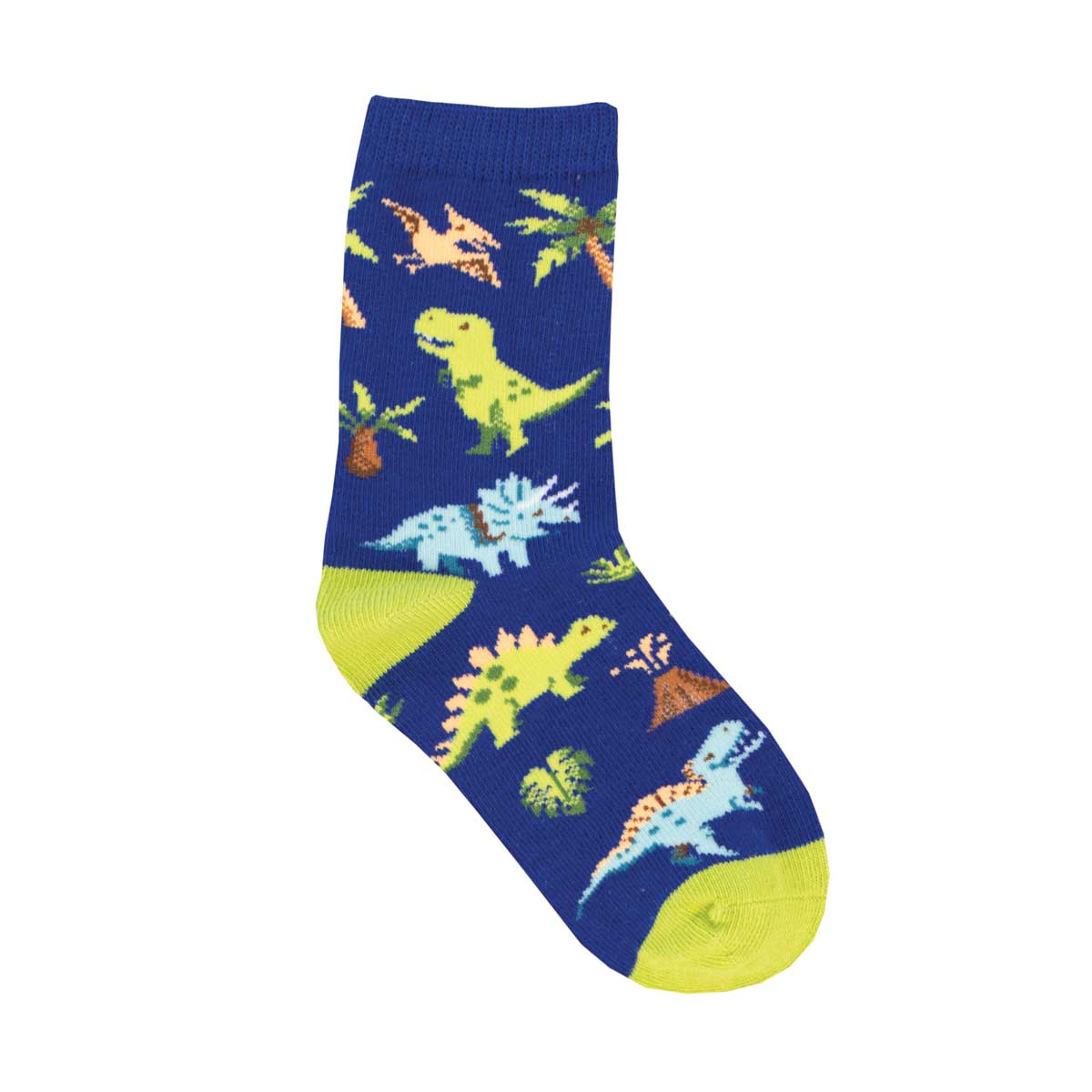 A colorful pair of children's socks featuring various dinosaurs and a blue background with yellow at the heel and toe.
