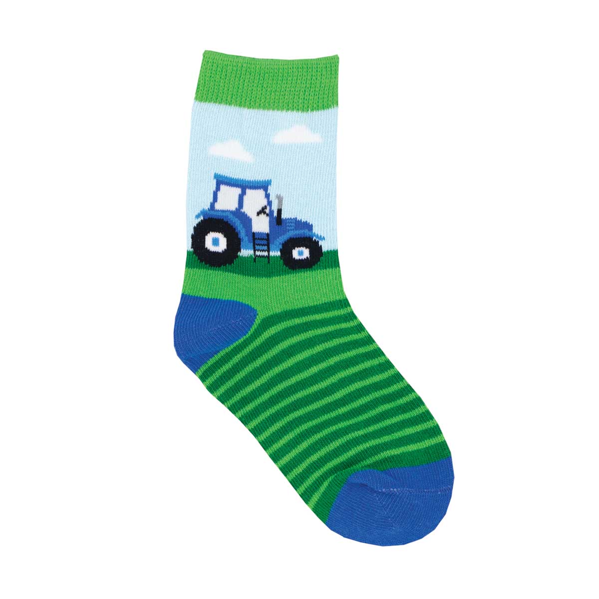A colorful children's sock featuring a blue tractor on a green field with blue stripes and a white cloud.