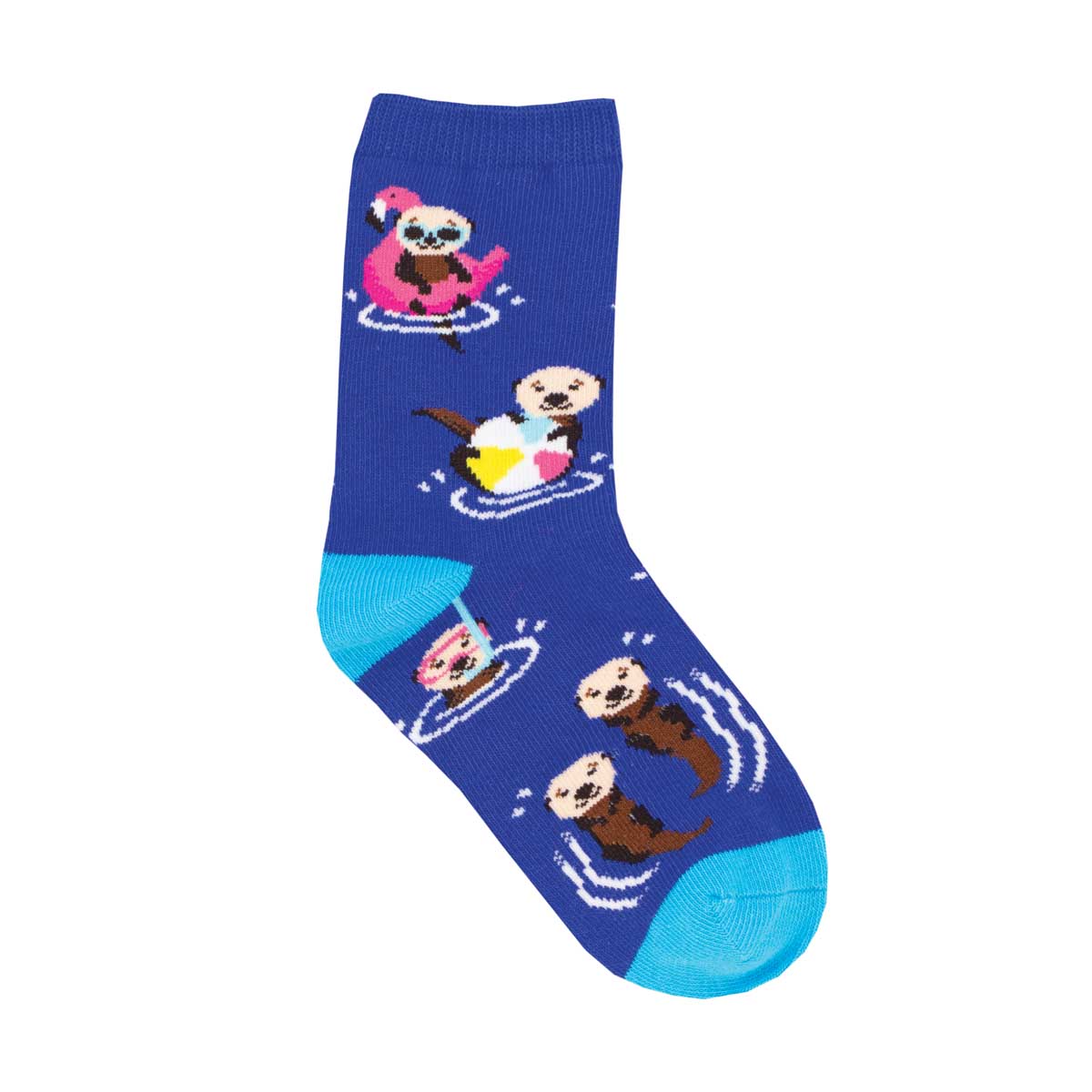 A pair of children's socks with a pattern of otters in various activities on a blue background.