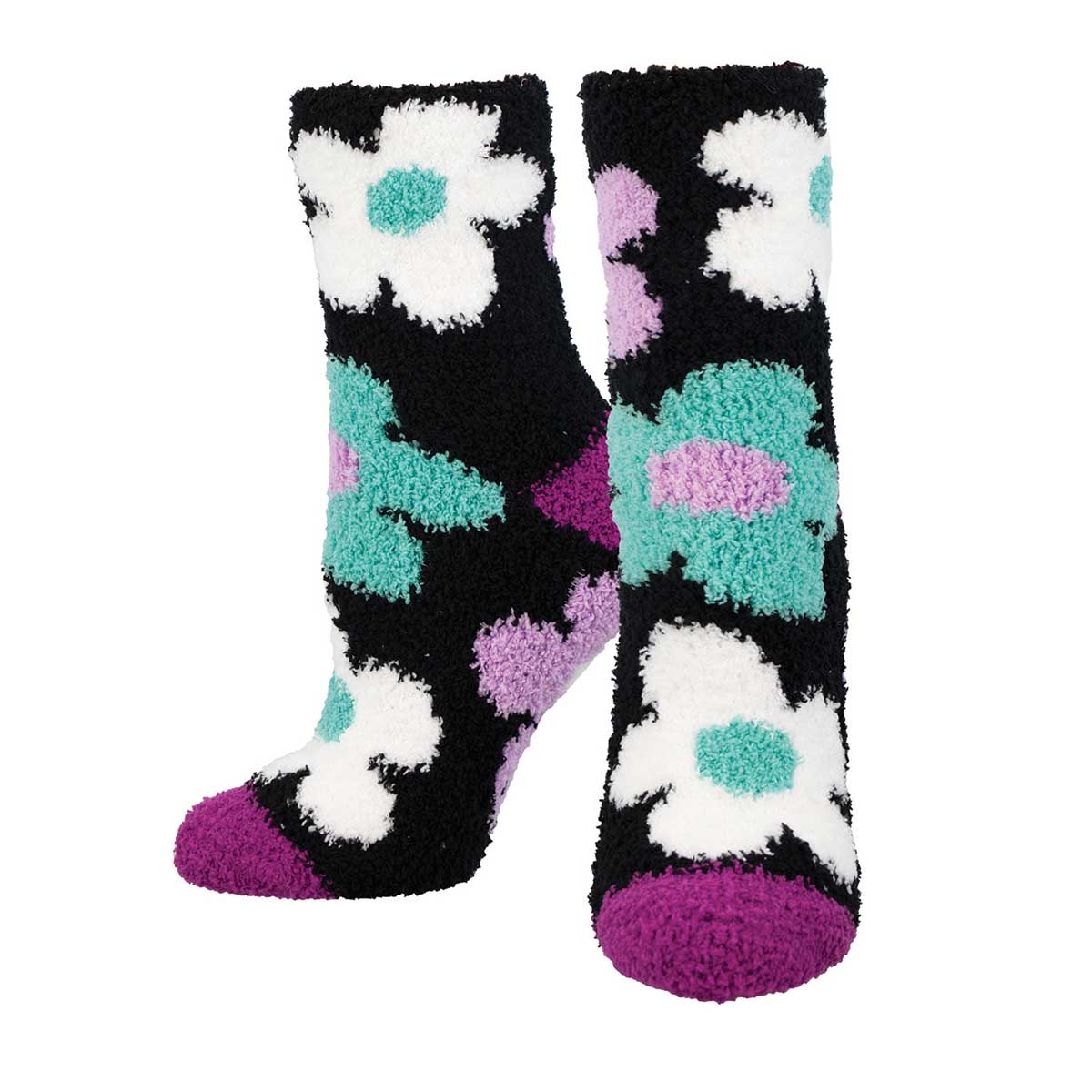 A pair of fuzzy, floral design socks in black with purple and green flowers, and a purple heel and toe.