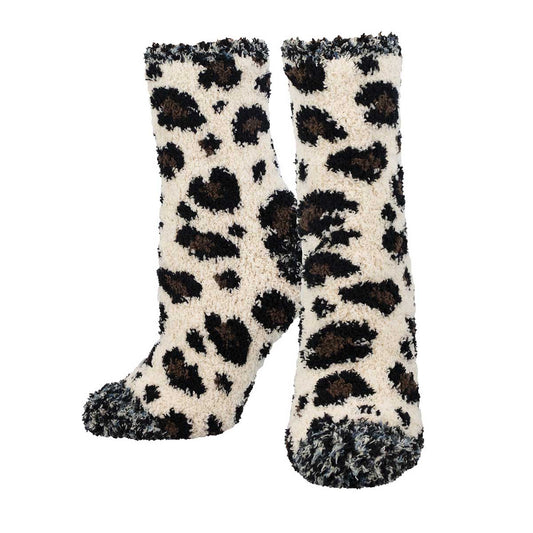A pair of brown and white leopard print fuzzy socks.