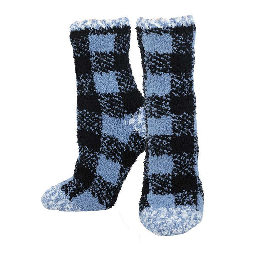 A pair of blue and black plaid patterned fuzzy socks.