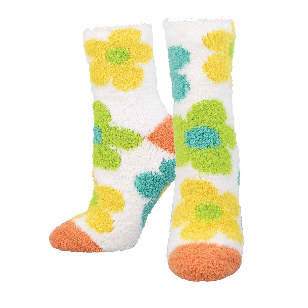 A pair of fuzzy, floral design socks in white with orange, blue, and green flowers, and an orange heel and toe.
