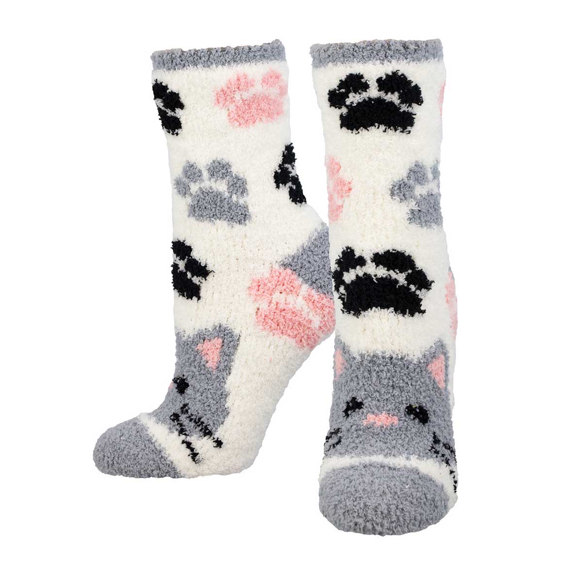 A pair of white fuzzy socks with gray and black cat face patterns and pink, black, and gray paw prints.