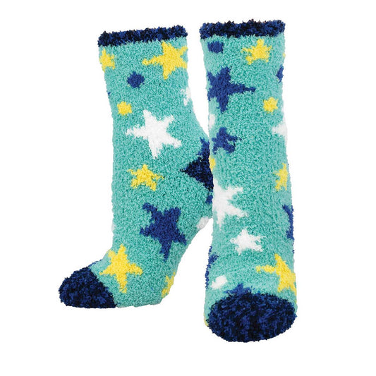 A pair of fuzzy socks with a star pattern in blue, green, and yellow colors.
