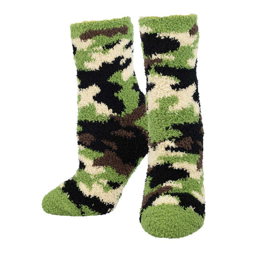 A pair of camouflage patterned fuzzy socks designed for warmth and comfort, suitable for casual wear.