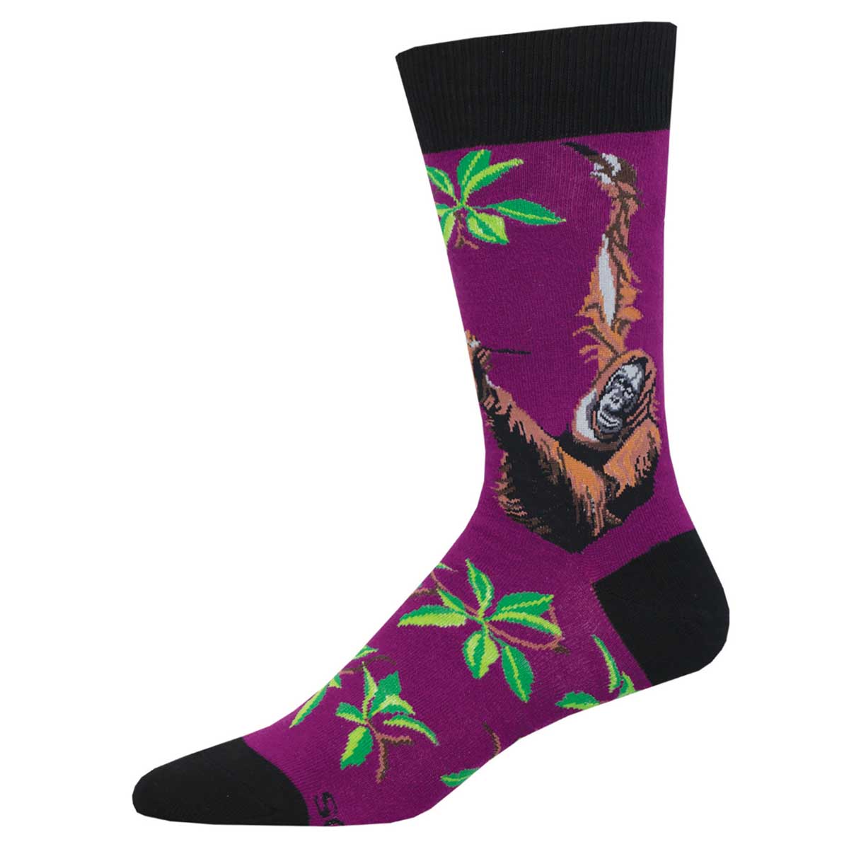 A pair of purple crew socks with a pattern featuring an orangutan and leaves.