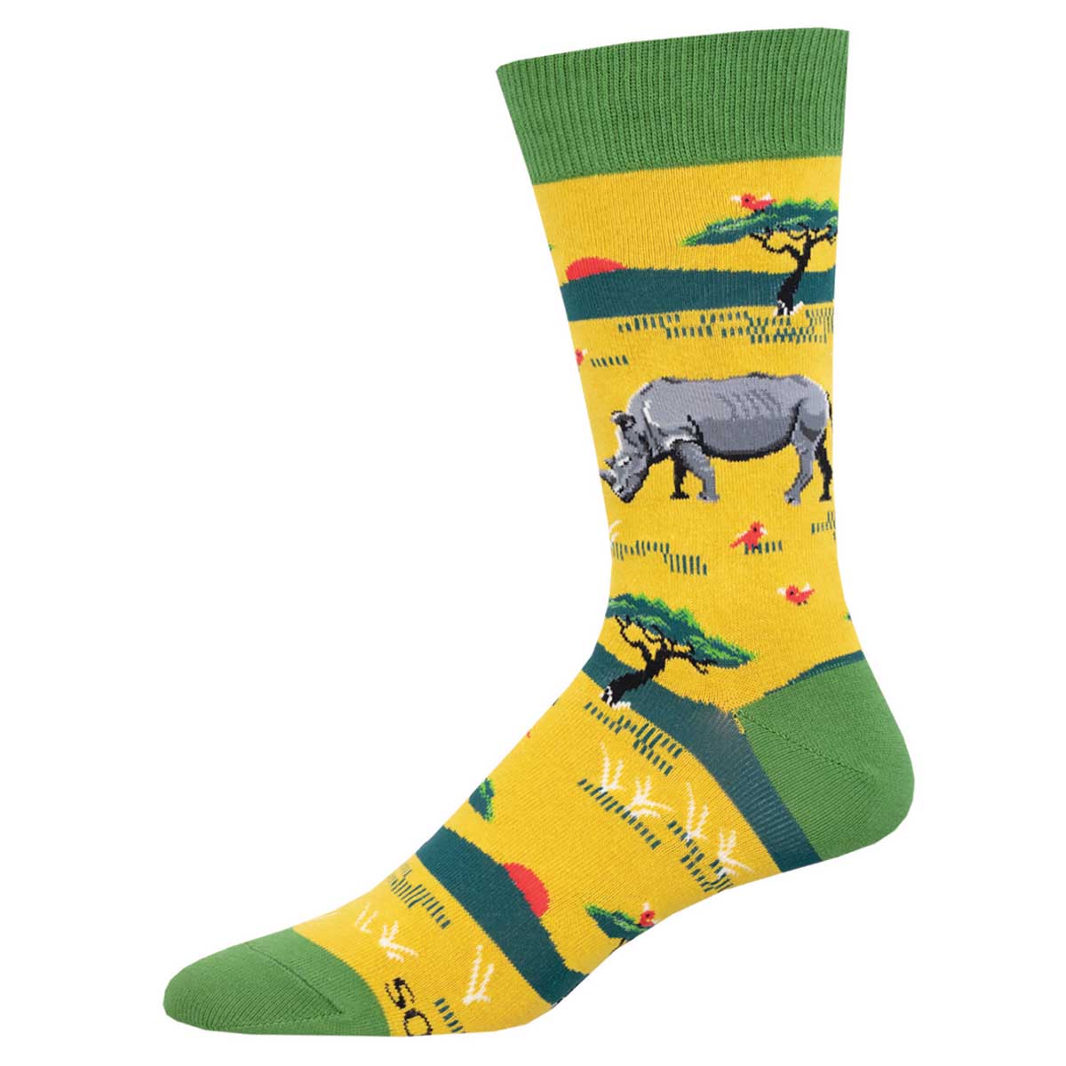A yellow sock with a rhinoceros and green accents depicting a safari scene.