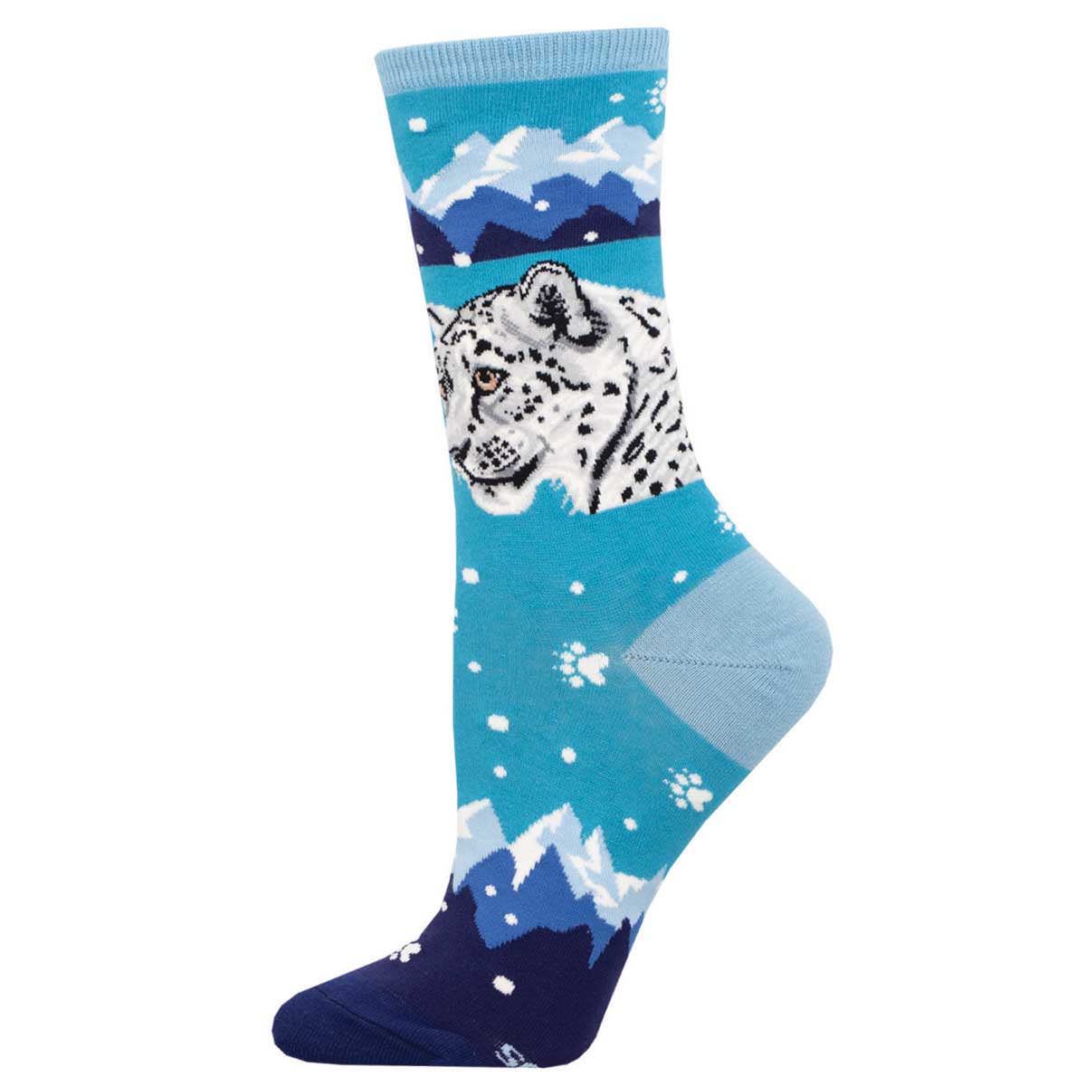 A pair of blue crew socks with a snow leopard and mountain pattern.