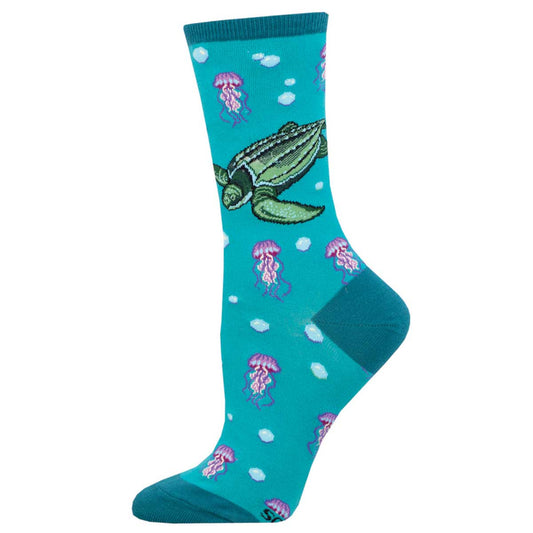 A pair of blue cotton crew socks featuring an endangered green leatherback turtle and purple jellyfish pattern.