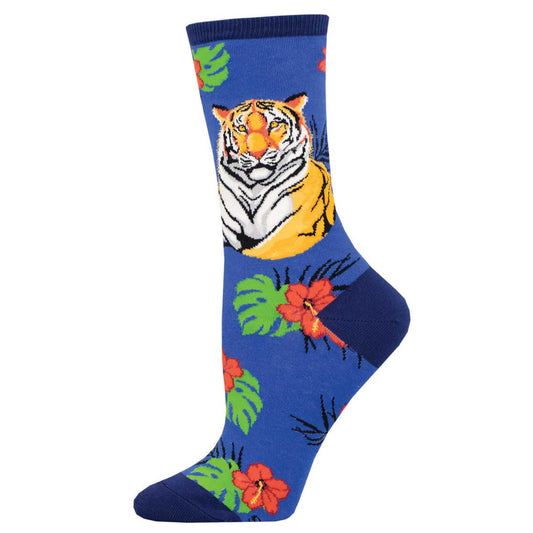 A pair of blue crew socks with a graphic of a tiger's face and surrounding tropical flowers.