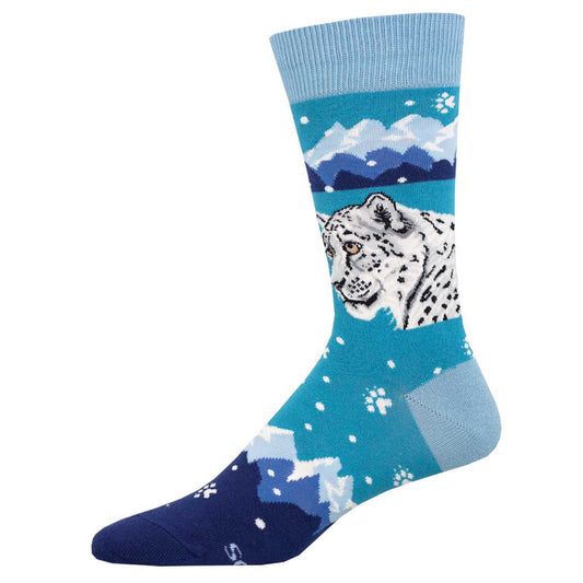 A pair of blue socks featuring a snow leopard design and mountainous background.