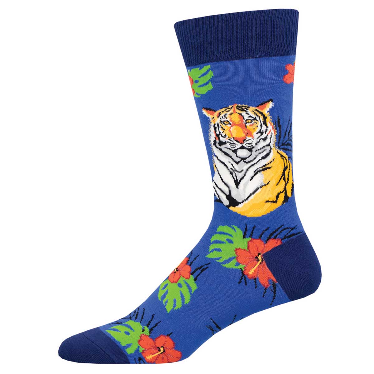 A pair of blue crew socks with a large tiger design in the center and colorful flowers around the ankle area.