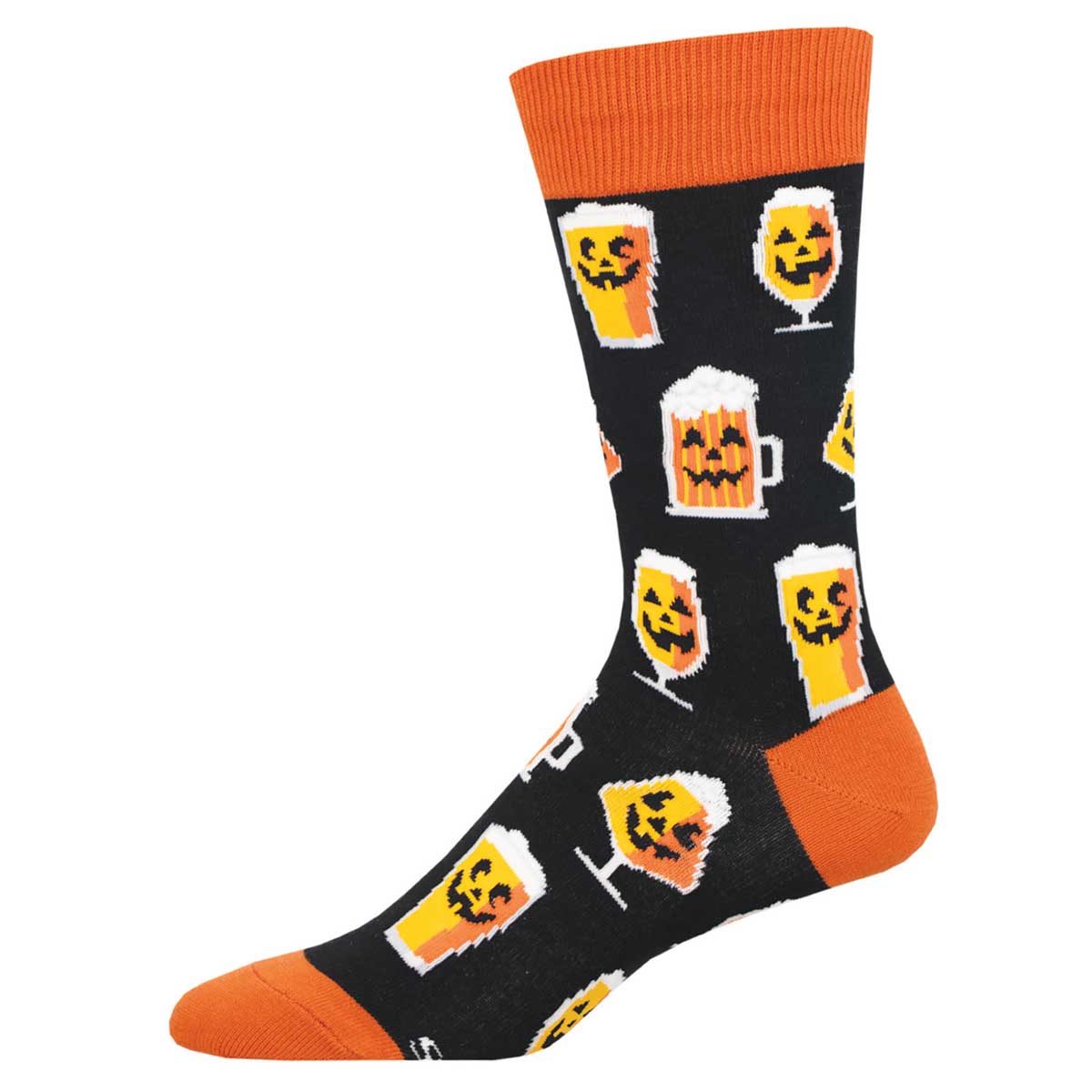 A pair of men's socks with a pumpkin and beer pattern on a black background with orange cuffs.