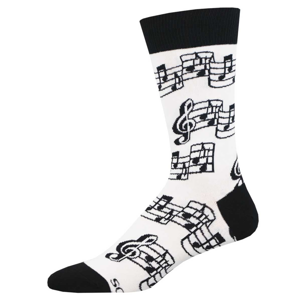 A pair of black and white cotton crew socks with a musical note pattern on a white background.