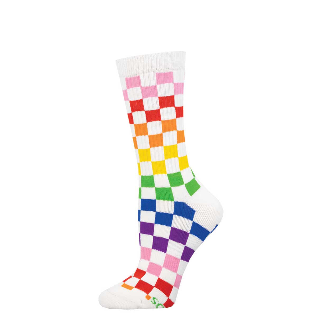 A pair of colorful checkered socks, with a mix of bright colors including pink, yellow, green, blue, and purple on a white background.