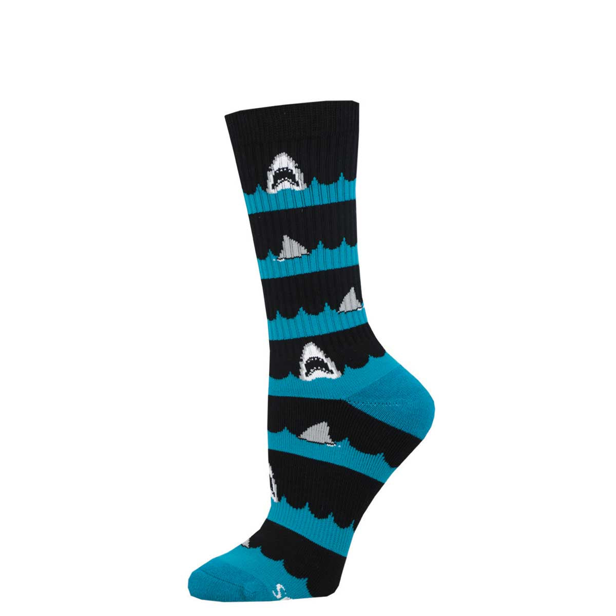 A pair of crew socks with a pattern that includes shark motifs and resembles a wave design in shades of blue and black.