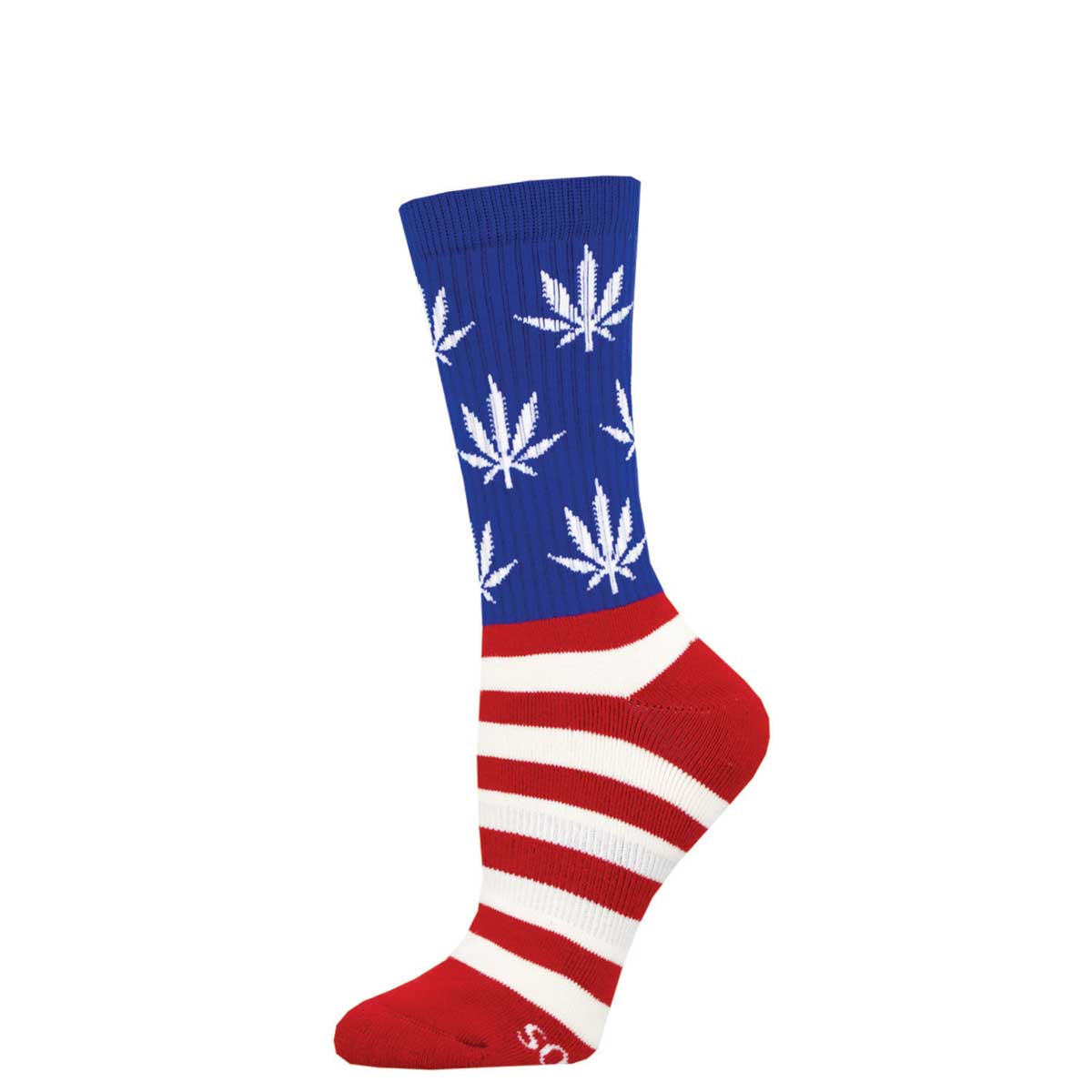 A pair of crew socks with a pattern that includes marijuana leaves on a blue background and stripes on another, with red and white stripes across the foot and heel.