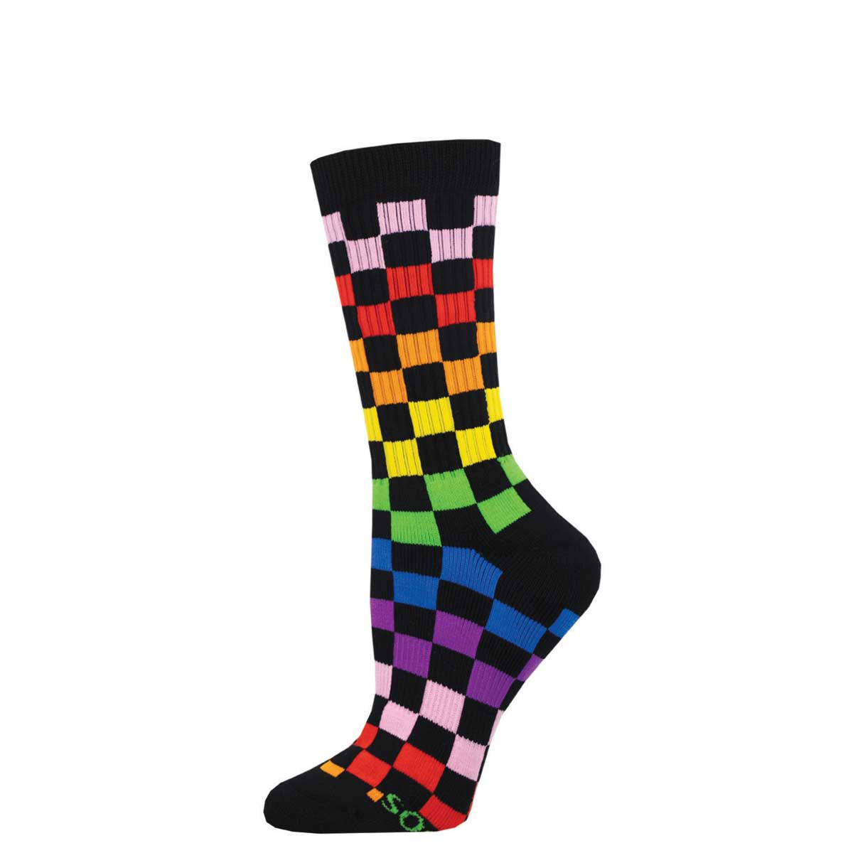 A pair of colorful checkered socks, with a mix of bright colors including pink, yellow, green, blue, and purple on a black background.