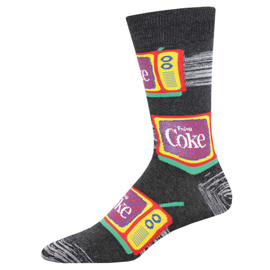 A pair of gray crew socks with multiple colored stripes and the Coca-Cola brand logo repeated across the surface.