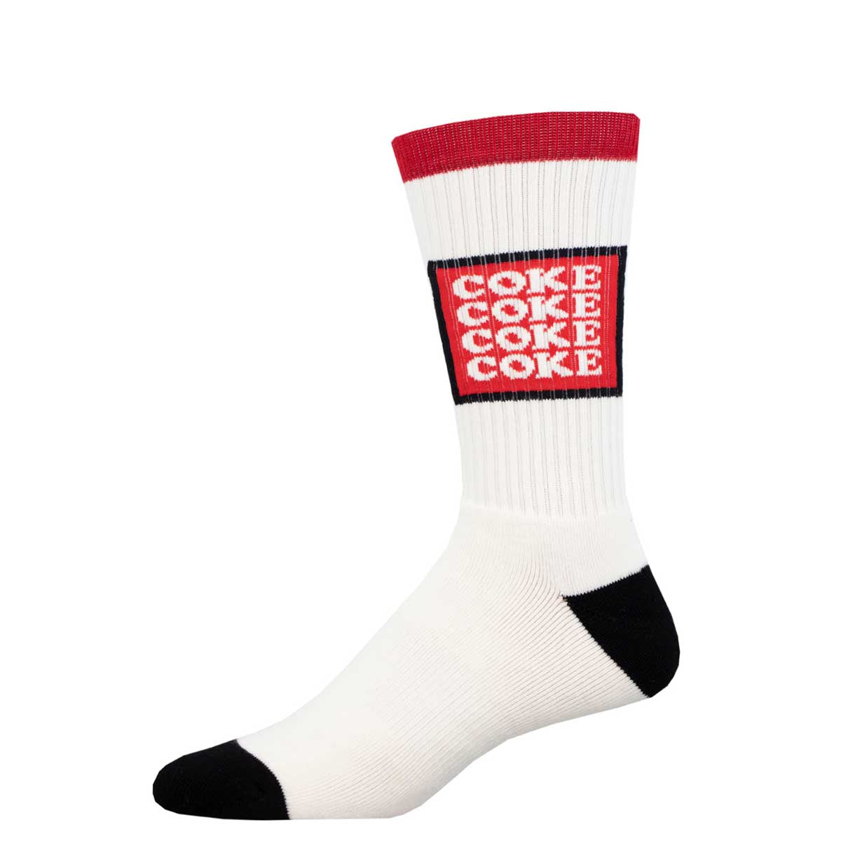 A pair of colorful crew socks with the text 'COKE COKE COKE COKE' displayed prominently in pink and blue stripes.