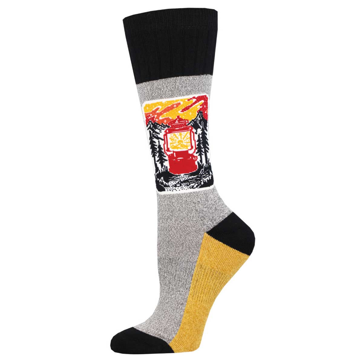 A pair of socks with a geometric pattern featuring a red and yellow lantern on a gray background, with black and yellow accents.