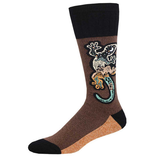 A pair of brown crew socks with a salamander design on the ankle area.