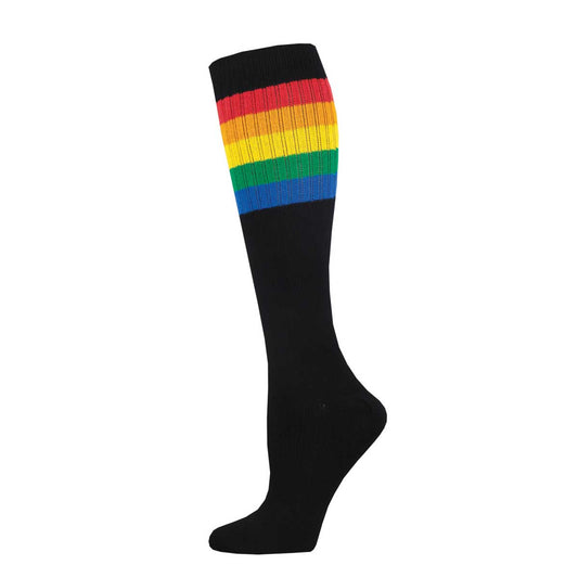 A pair of knee-high socks with a striped pattern in rainbow colors against a black background.