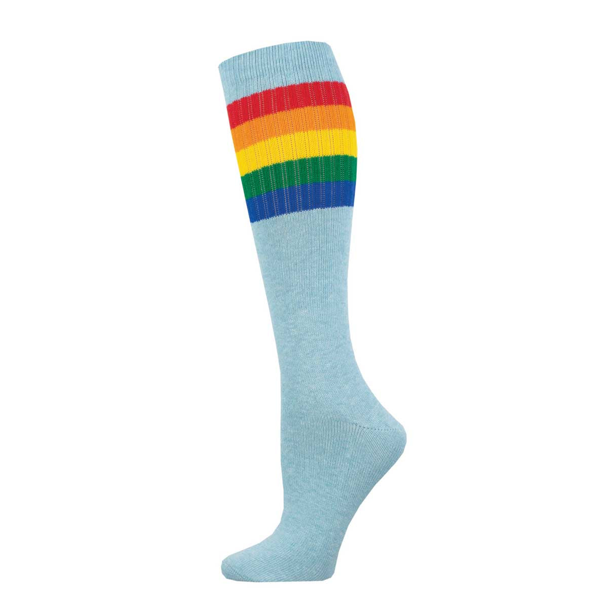 A pair of knee-high socks with a striped pattern in a rainbow of colors against a heather blue background.