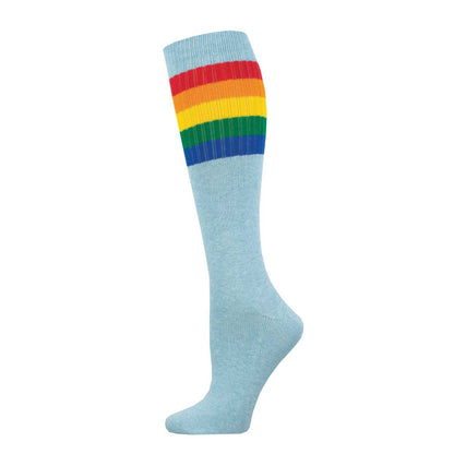 A pair of knee-high socks with a striped pattern in a rainbow of colors against a heather blue background.