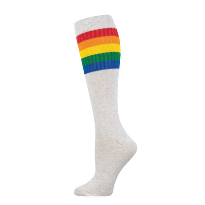 A pair of knee-high socks with a striped pattern in a rainbow of colors against a heather gray background.