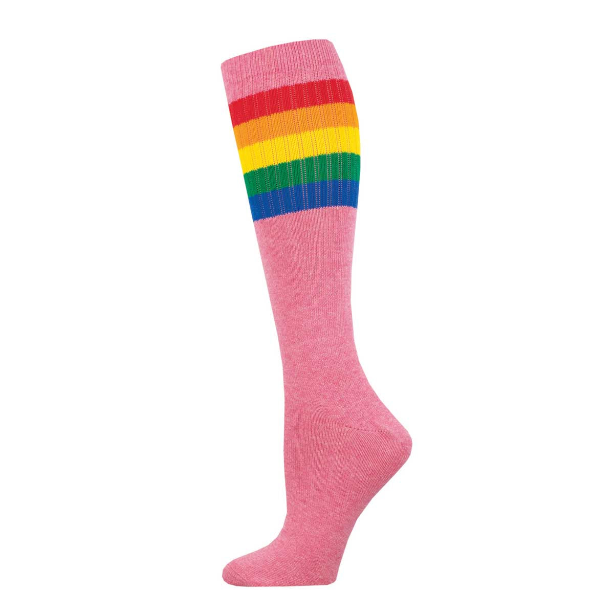 A pair of knee-high socks with a striped pattern in a rainbow of colors against a heather pink background.